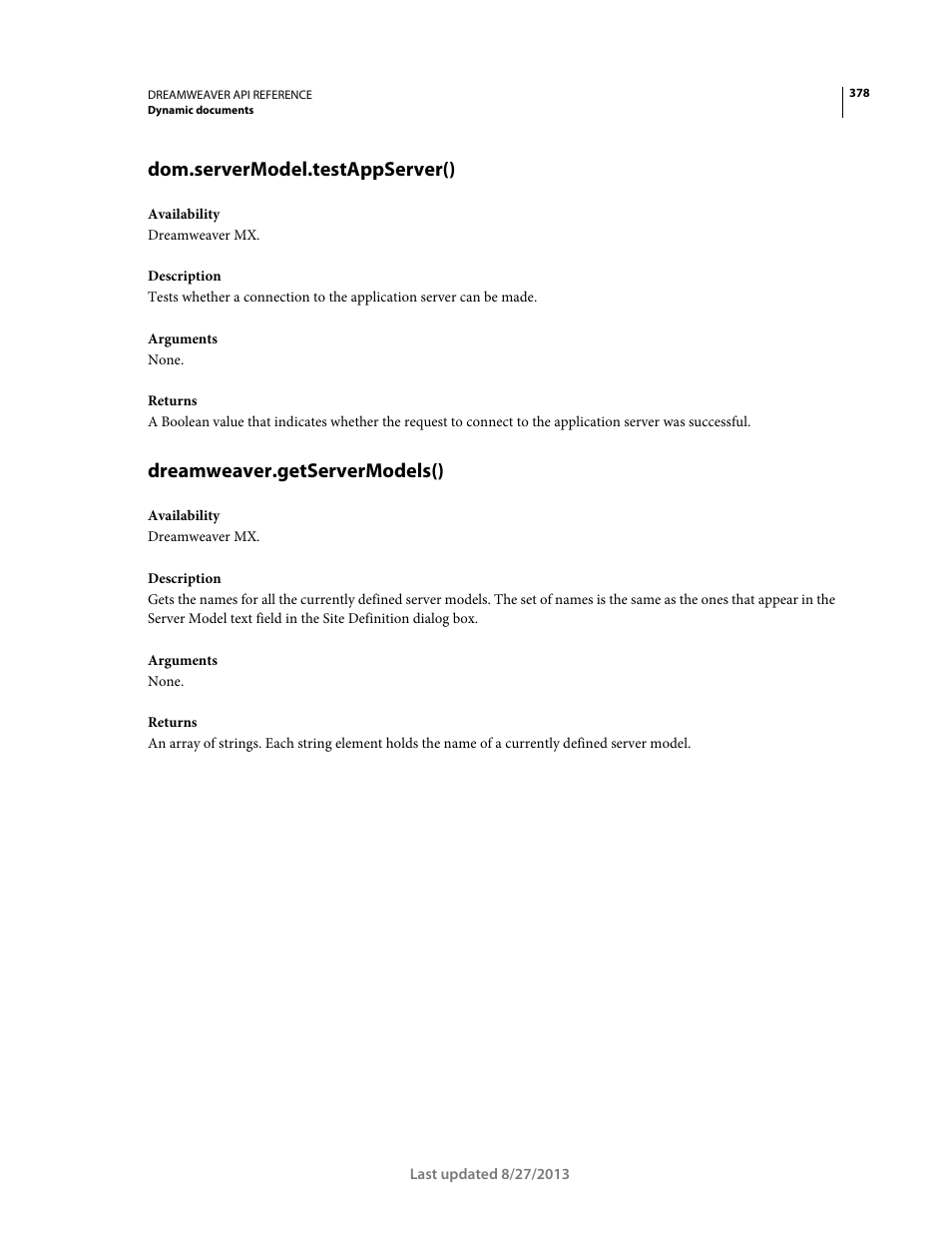 Dom.servermodel.testappserver(), Dreamweaver.getservermodels() | Adobe Dreamweaver API Reference CS5 User Manual | Page 383 / 533