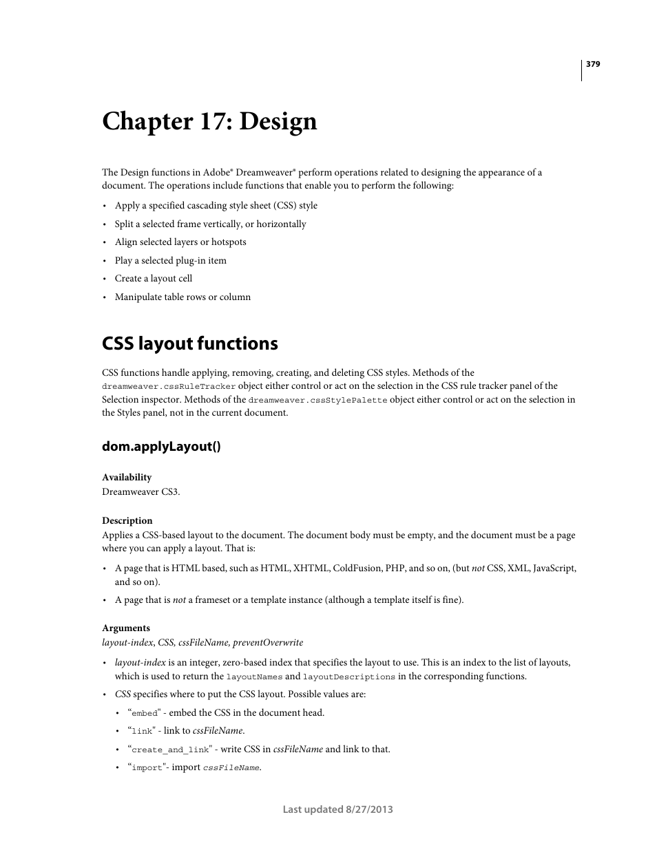 Chapter 17: design, Css layout functions, Dom.applylayout() | Adobe Dreamweaver API Reference CS5 User Manual | Page 384 / 533