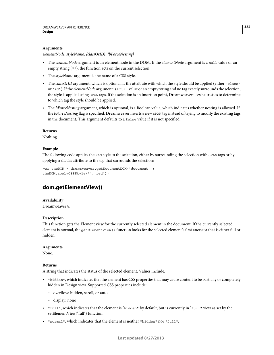 Dom.getelementview() | Adobe Dreamweaver API Reference CS5 User Manual | Page 387 / 533