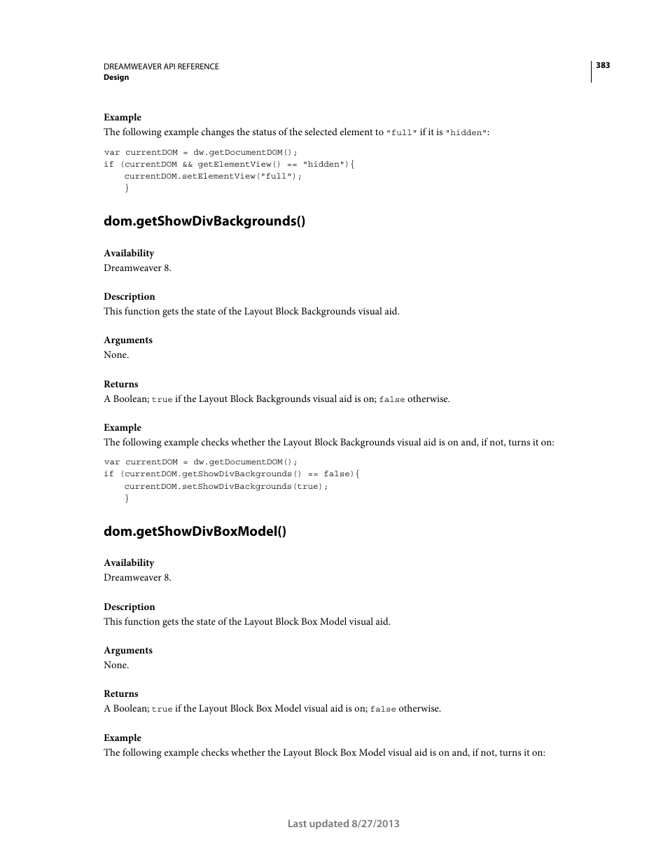 Dom.getshowdivbackgrounds(), Dom.getshowdivboxmodel() | Adobe Dreamweaver API Reference CS5 User Manual | Page 388 / 533