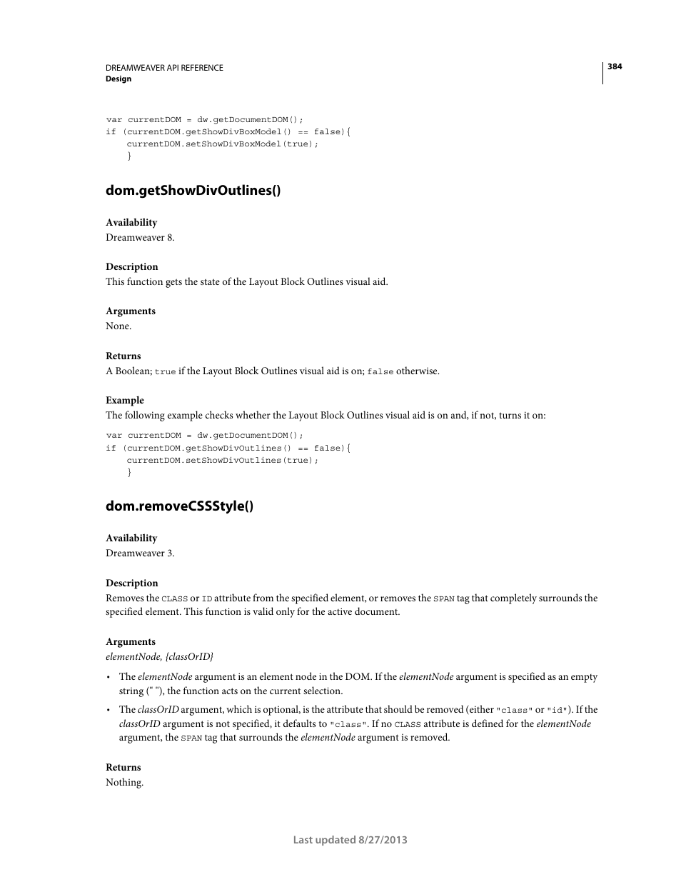 Dom.getshowdivoutlines(), Dom.removecssstyle() | Adobe Dreamweaver API Reference CS5 User Manual | Page 389 / 533