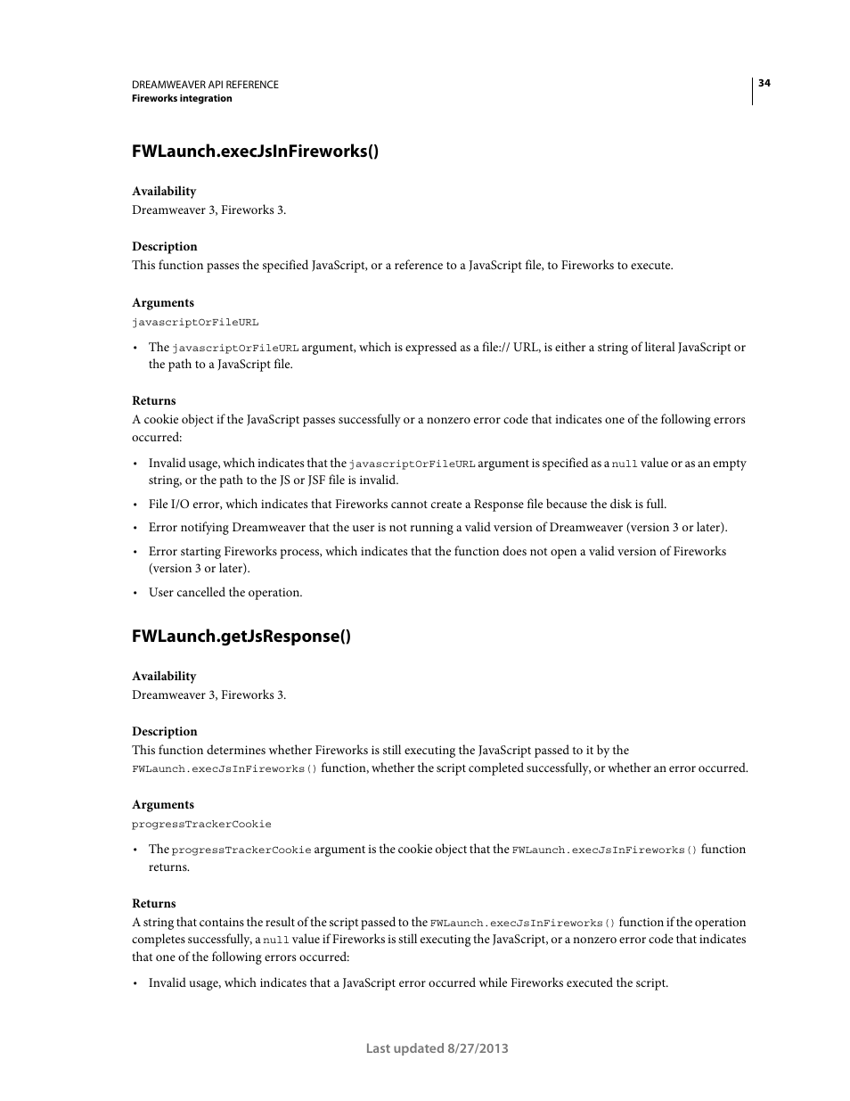 Fwlaunch.execjsinfireworks(), Fwlaunch.getjsresponse() | Adobe Dreamweaver API Reference CS5 User Manual | Page 39 / 533