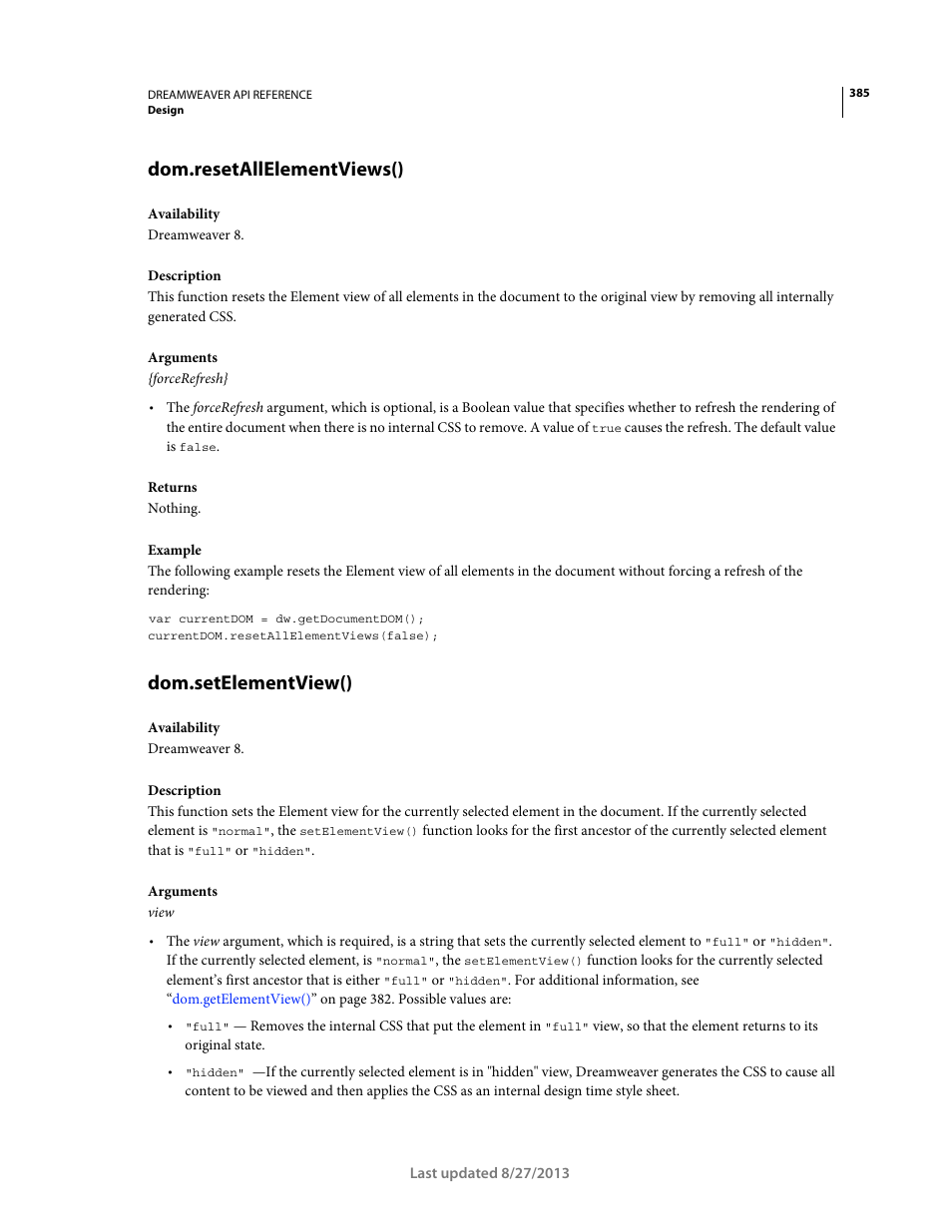 Dom.resetallelementviews(), Dom.setelementview() | Adobe Dreamweaver API Reference CS5 User Manual | Page 390 / 533
