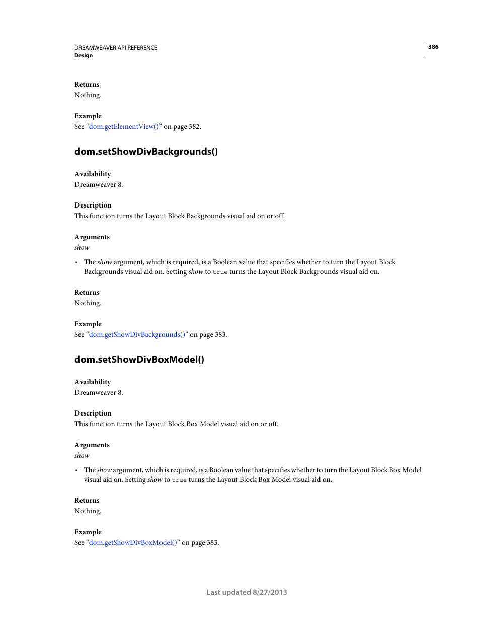 Dom.setshowdivbackgrounds(), Dom.setshowdivboxmodel() | Adobe Dreamweaver API Reference CS5 User Manual | Page 391 / 533