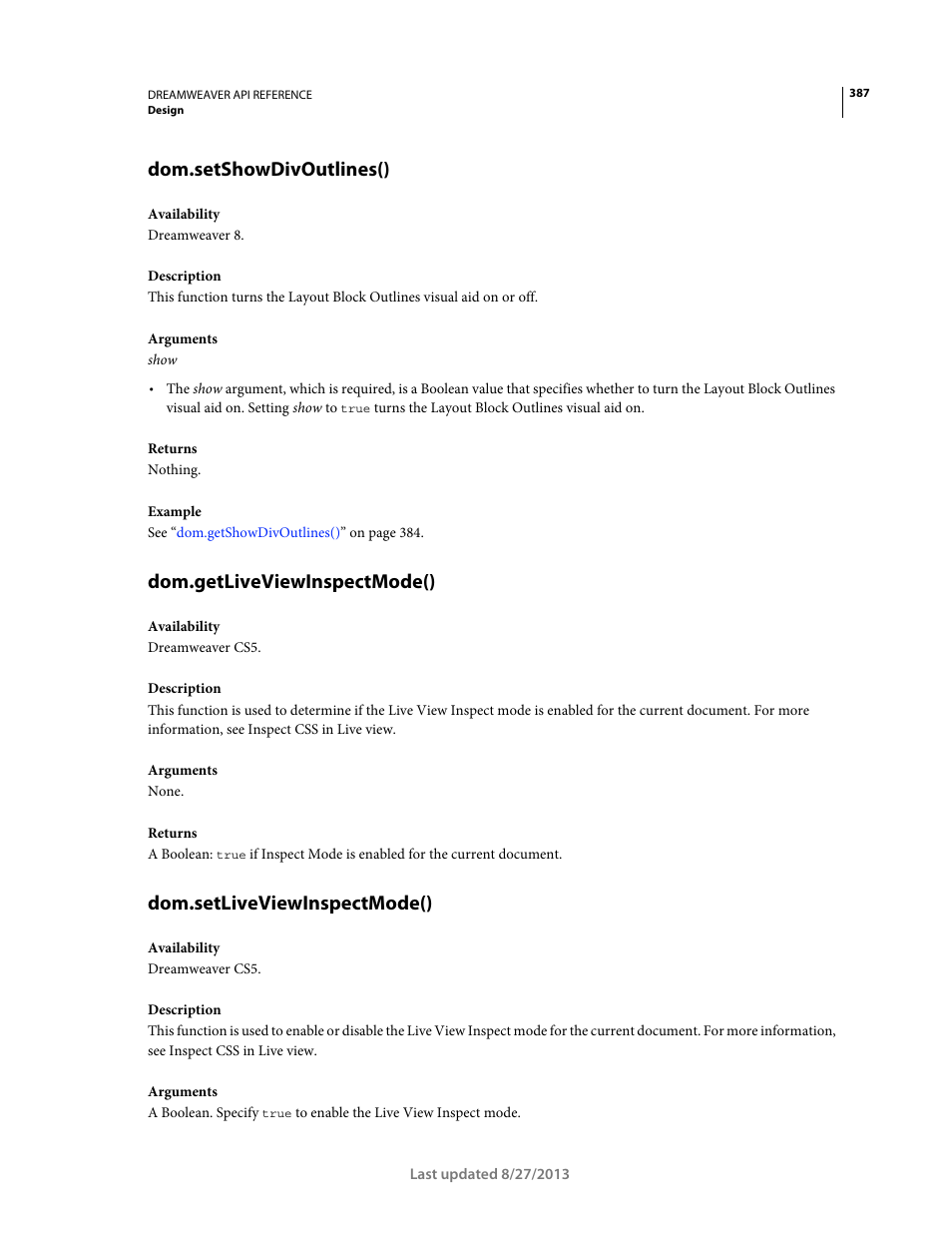 Dom.setshowdivoutlines(), Dom.getliveviewinspectmode(), Dom.setliveviewinspectmode() | Adobe Dreamweaver API Reference CS5 User Manual | Page 392 / 533