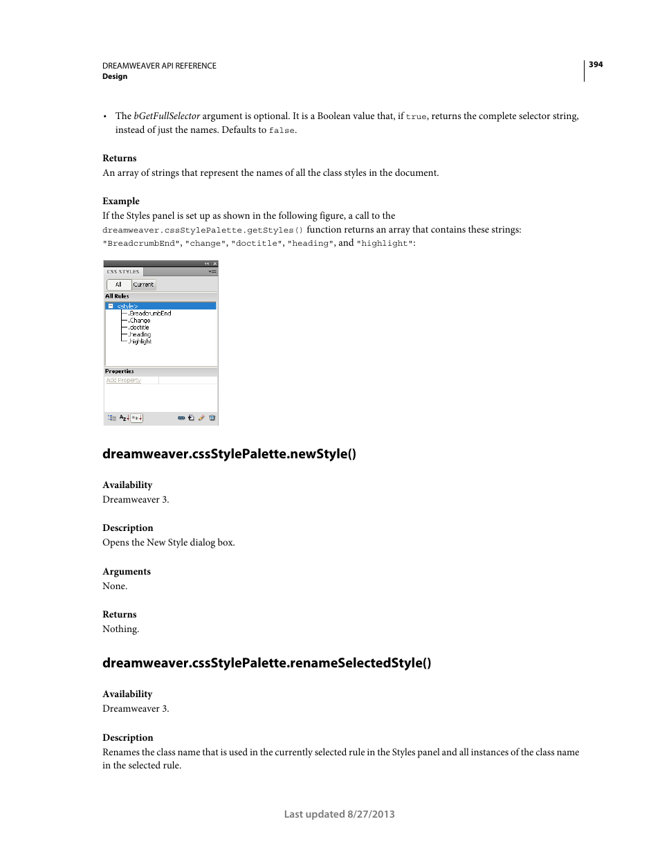 Dreamweaver.cssstylepalette.newstyle(), Dreamweaver.cssstylepalette.renameselectedstyle() | Adobe Dreamweaver API Reference CS5 User Manual | Page 399 / 533