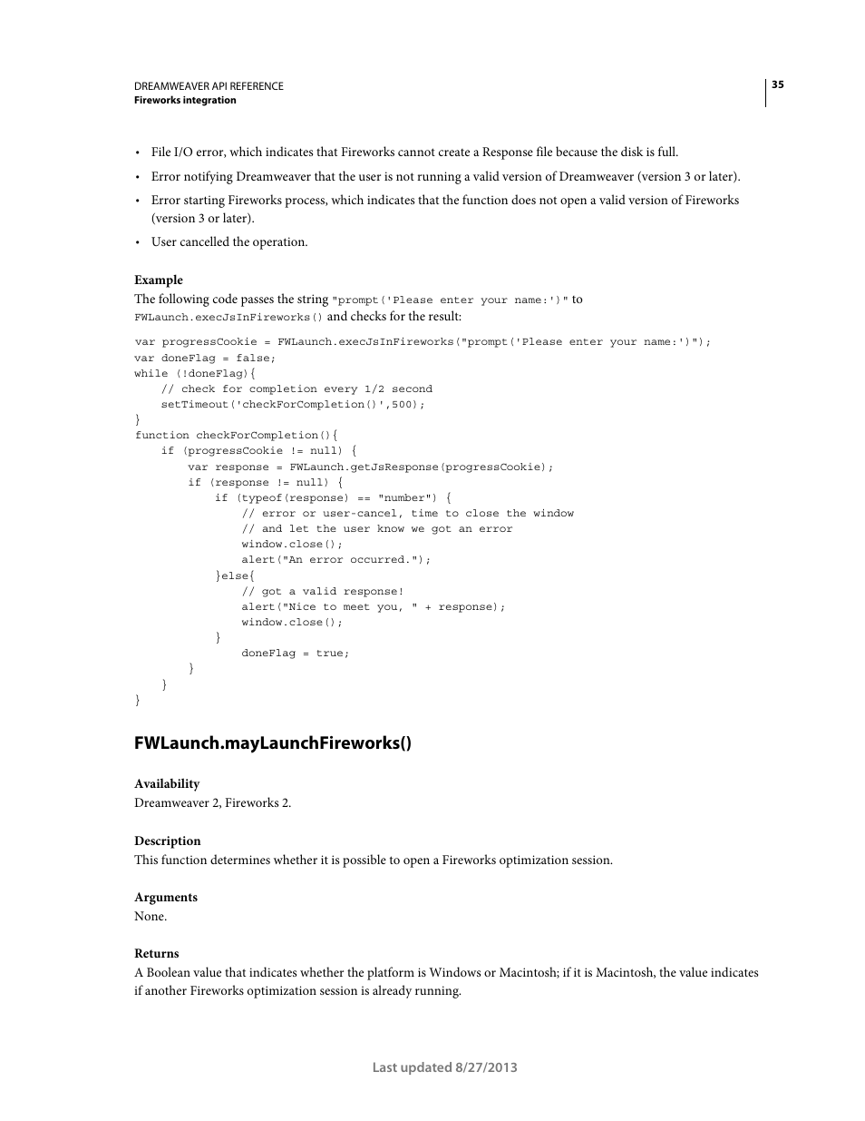 Fwlaunch.maylaunchfireworks() | Adobe Dreamweaver API Reference CS5 User Manual | Page 40 / 533