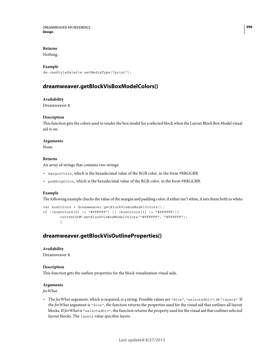 Dreamweaver.getblockvisboxmodelcolors(), Dreamweaver.getblockvisoutlineproperties() | Adobe Dreamweaver API Reference CS5 User Manual | Page 401 / 533