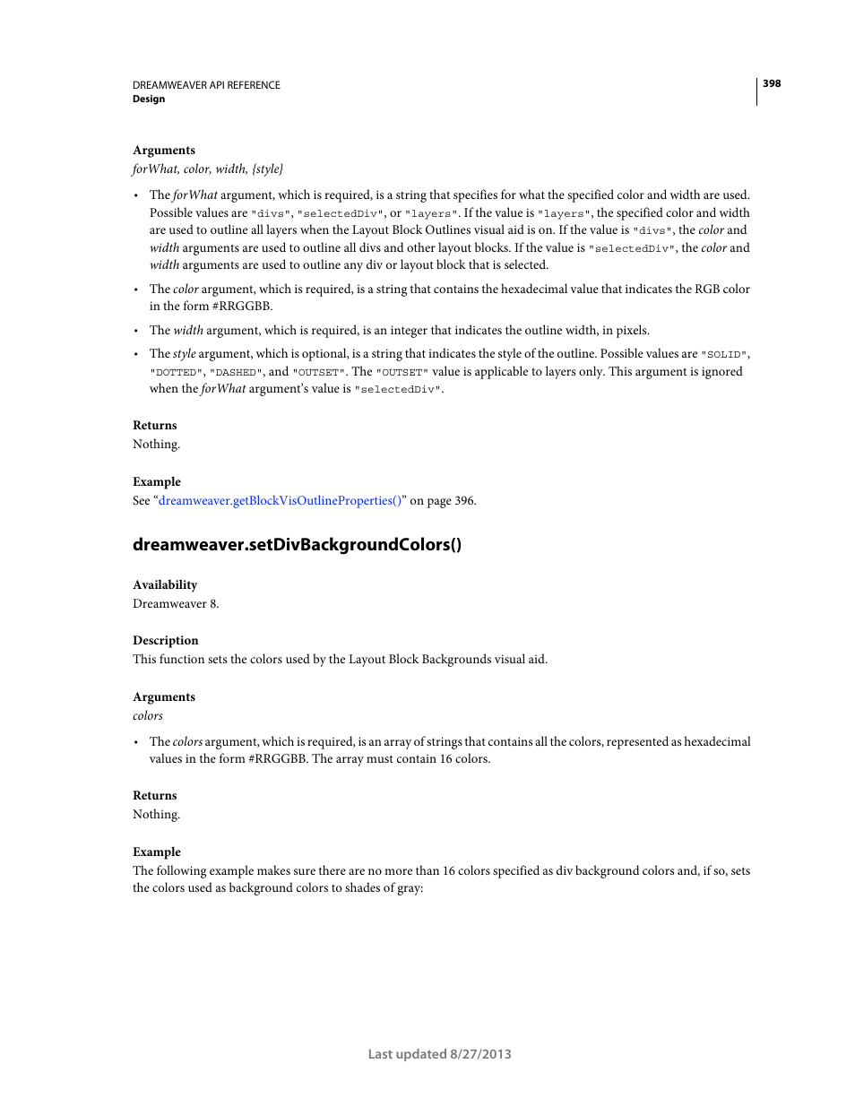 Dreamweaver.setdivbackgroundcolors() | Adobe Dreamweaver API Reference CS5 User Manual | Page 403 / 533