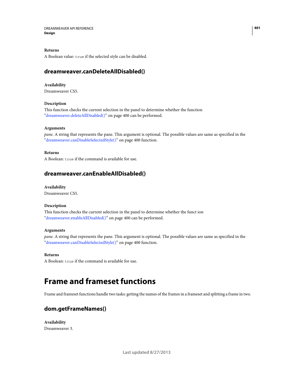 Dreamweaver.candeletealldisabled(), Dreamweaver.canenablealldisabled(), Frame and frameset functions | Dom.getframenames() | Adobe Dreamweaver API Reference CS5 User Manual | Page 406 / 533