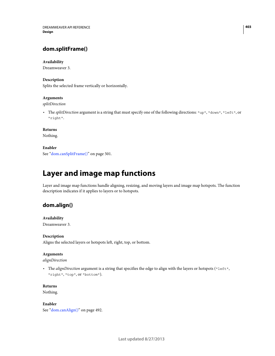 Dom.splitframe(), Layer and image map functions, Dom.align() | Adobe Dreamweaver API Reference CS5 User Manual | Page 408 / 533