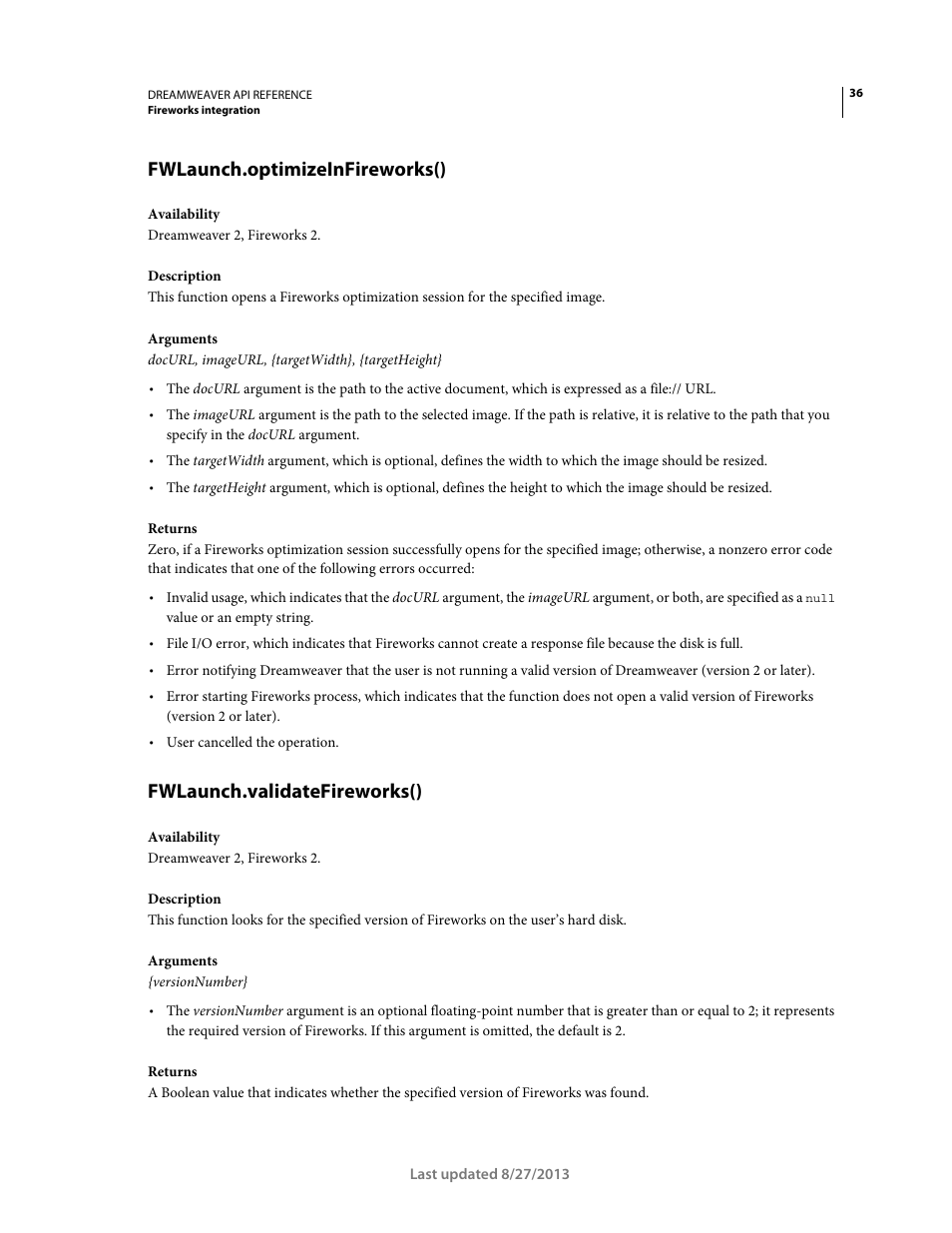 Fwlaunch.optimizeinfireworks(), Fwlaunch.validatefireworks() | Adobe Dreamweaver API Reference CS5 User Manual | Page 41 / 533