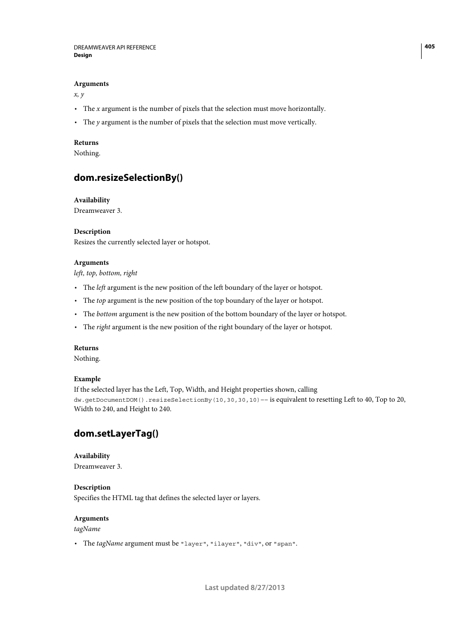 Dom.resizeselectionby(), Dom.setlayertag() | Adobe Dreamweaver API Reference CS5 User Manual | Page 410 / 533