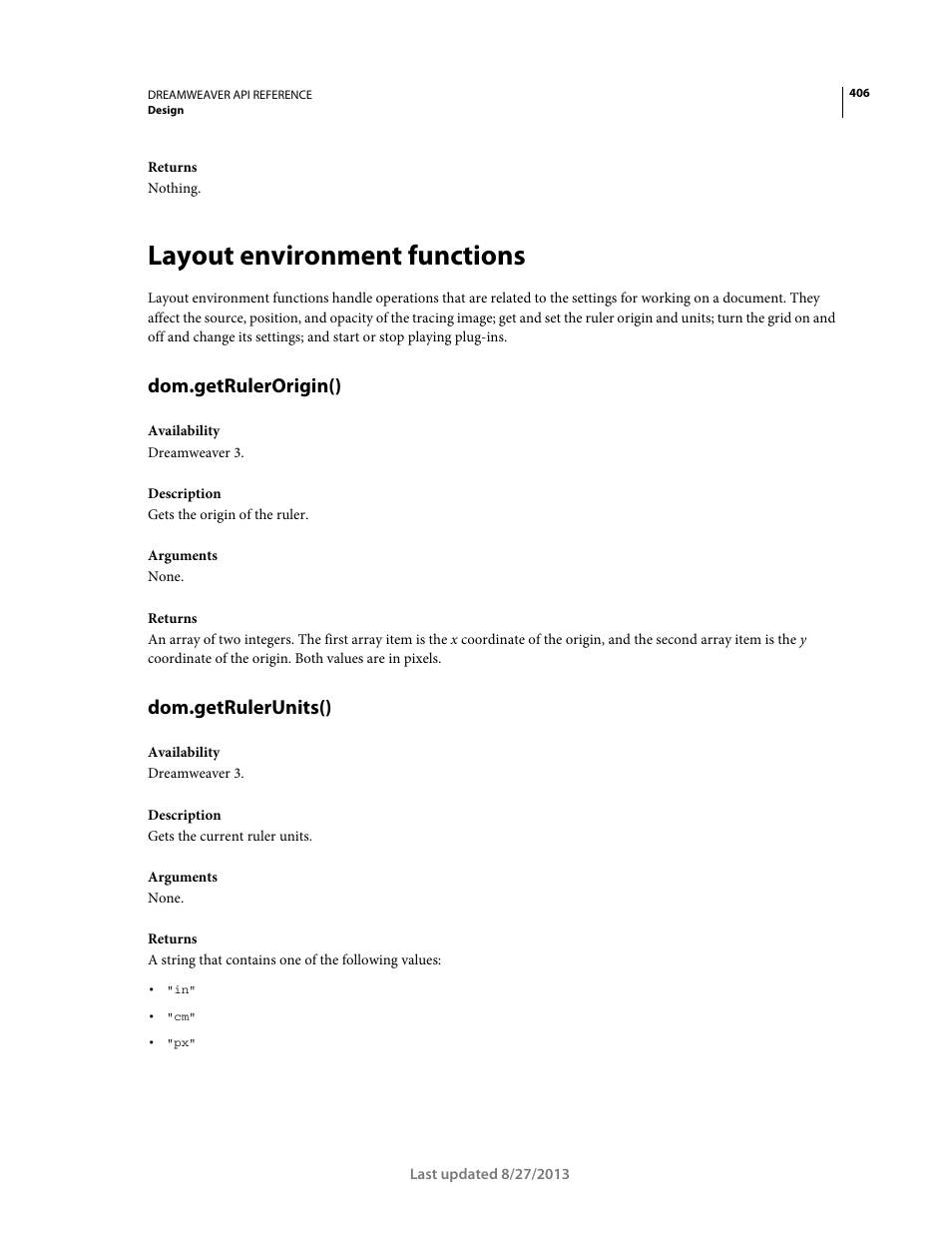 Layout environment functions, Dom.getrulerorigin(), Dom.getrulerunits() | Adobe Dreamweaver API Reference CS5 User Manual | Page 411 / 533