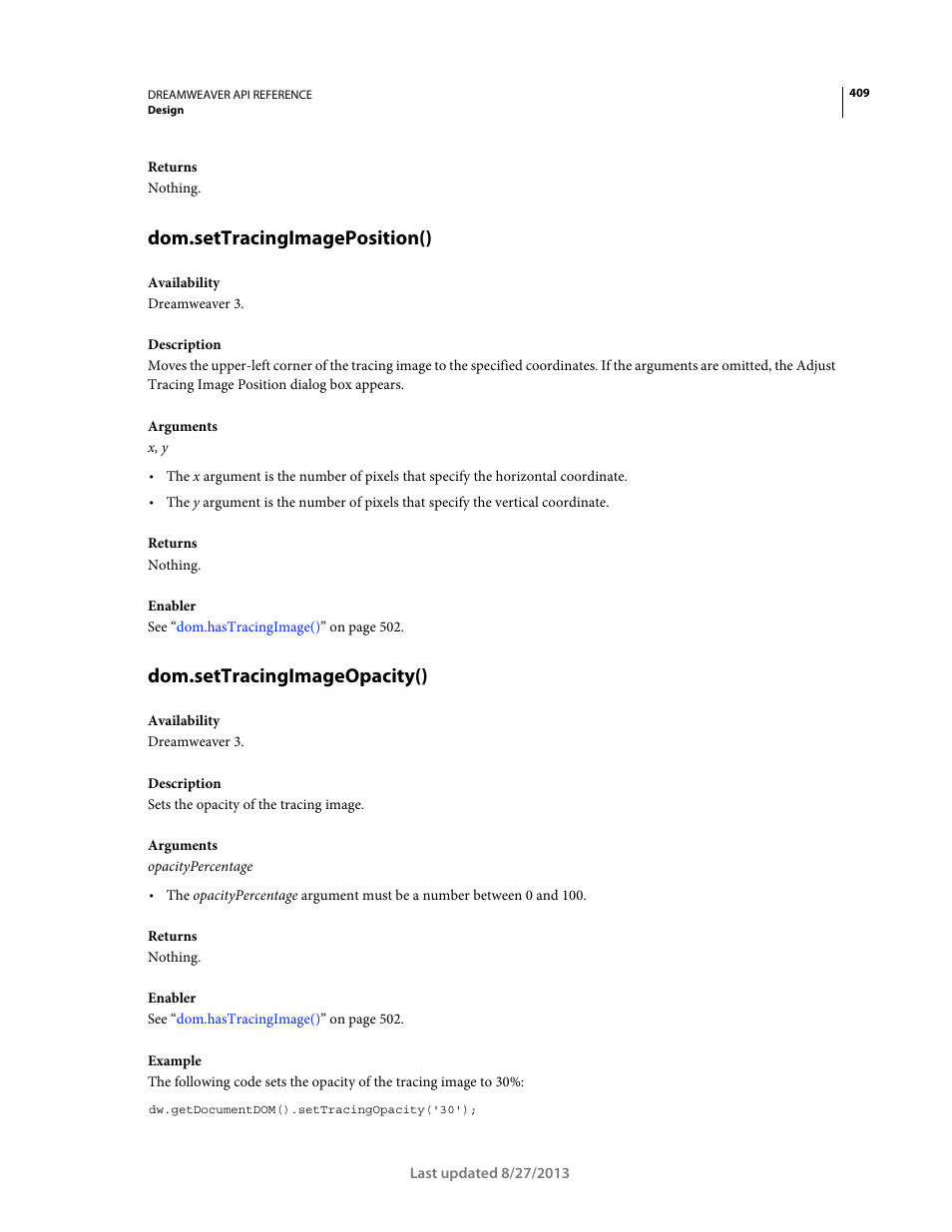 Dom.settracingimageposition(), Dom.settracingimageopacity() | Adobe Dreamweaver API Reference CS5 User Manual | Page 414 / 533