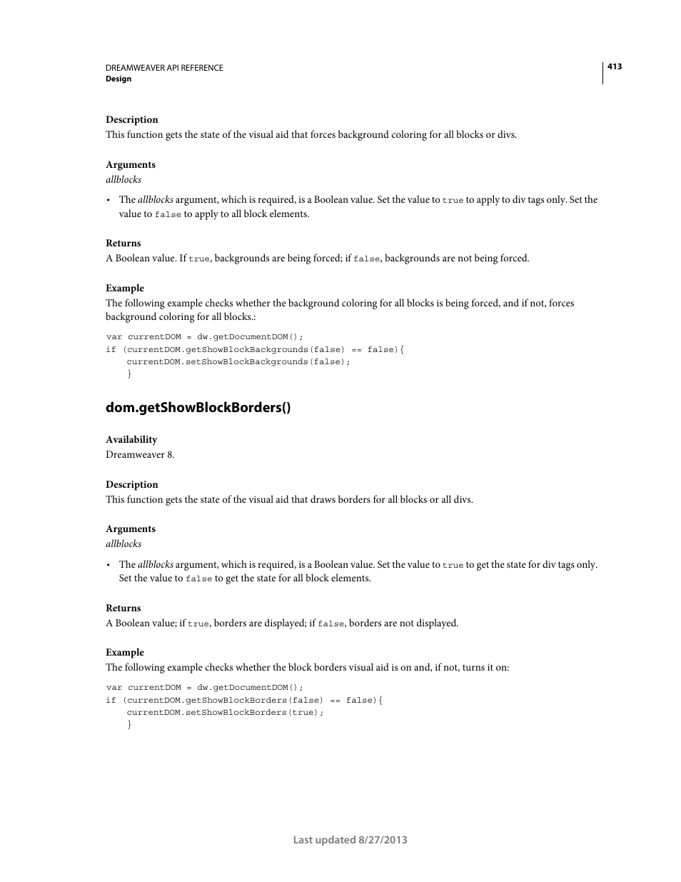 Dom.getshowblockborders() | Adobe Dreamweaver API Reference CS5 User Manual | Page 418 / 533