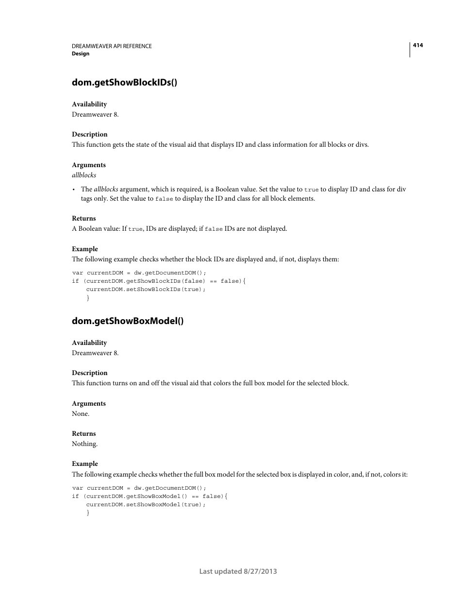 Dom.getshowblockids(), Dom.getshowboxmodel() | Adobe Dreamweaver API Reference CS5 User Manual | Page 419 / 533