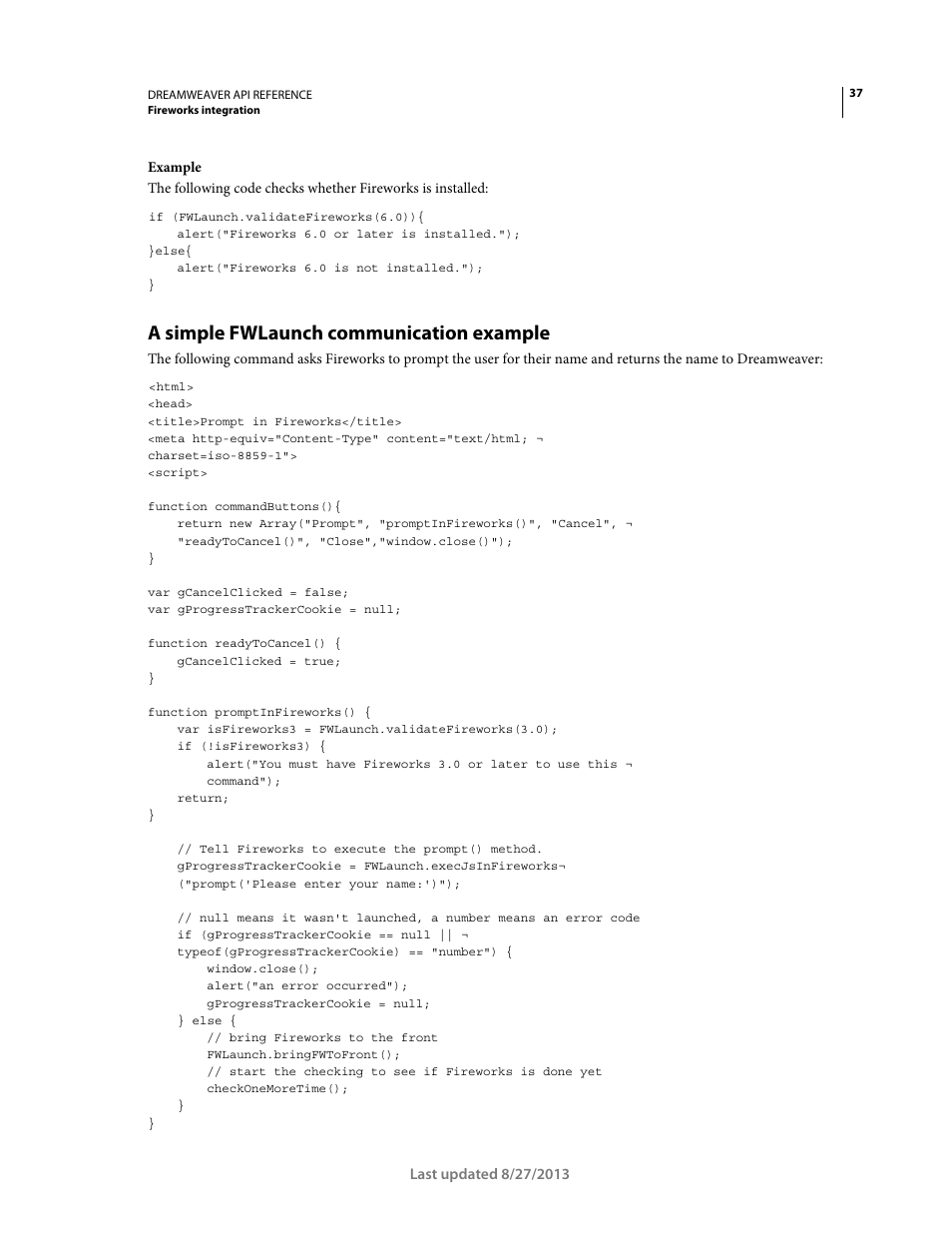 A simple fwlaunch communication example | Adobe Dreamweaver API Reference CS5 User Manual | Page 42 / 533