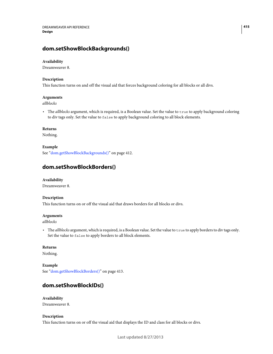 Dom.setshowblockbackgrounds(), Dom.setshowblockborders(), Dom.setshowblockids() | Adobe Dreamweaver API Reference CS5 User Manual | Page 420 / 533