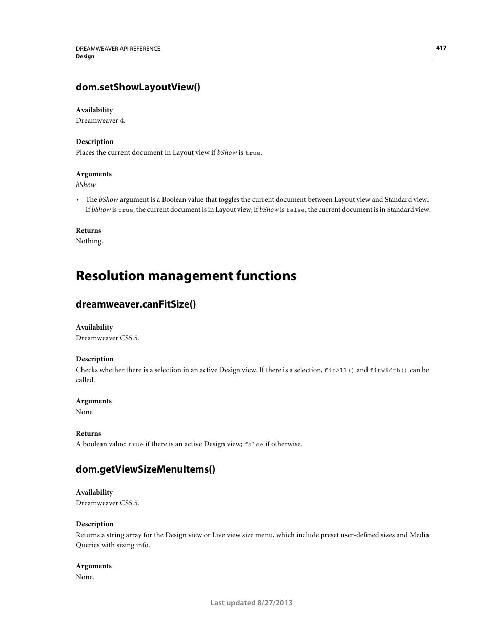 Dom.setshowlayoutview(), Resolution management functions, Dreamweaver.canfitsize() | Dom.getviewsizemenuitems() | Adobe Dreamweaver API Reference CS5 User Manual | Page 422 / 533