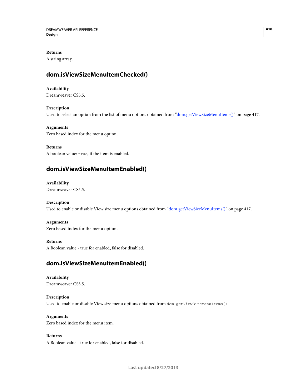Dom.isviewsizemenuitemchecked(), Dom.isviewsizemenuitemenabled() | Adobe Dreamweaver API Reference CS5 User Manual | Page 423 / 533