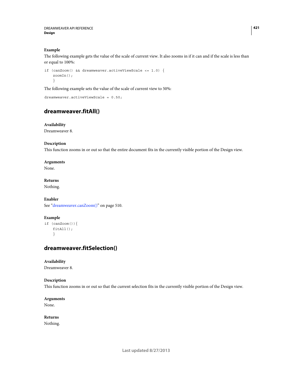 Dreamweaver.fitall(), Dreamweaver.fitselection() | Adobe Dreamweaver API Reference CS5 User Manual | Page 426 / 533