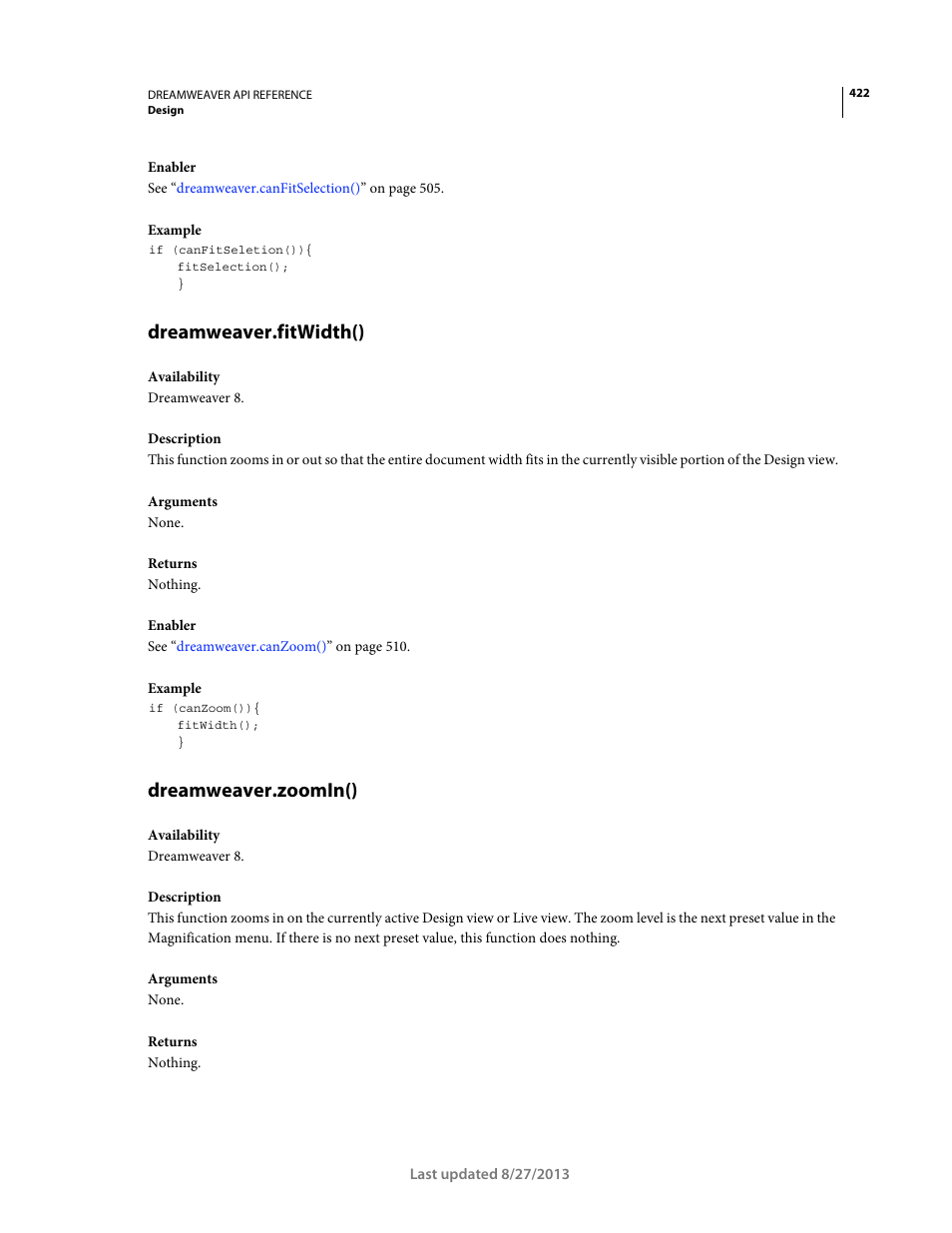 Dreamweaver.fitwidth(), Dreamweaver.zoomin() | Adobe Dreamweaver API Reference CS5 User Manual | Page 427 / 533