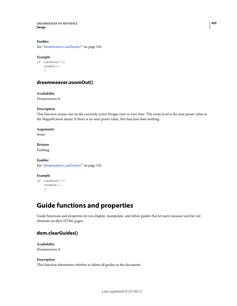 Dreamweaver.zoomout(), Guide functions and properties, Dom.clearguides() | Adobe Dreamweaver API Reference CS5 User Manual | Page 428 / 533