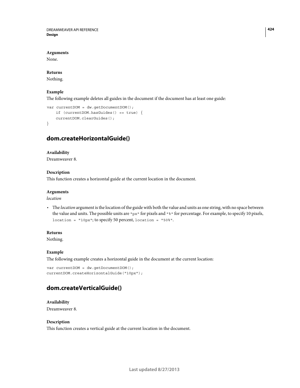 Dom.createhorizontalguide(), Dom.createverticalguide() | Adobe Dreamweaver API Reference CS5 User Manual | Page 429 / 533