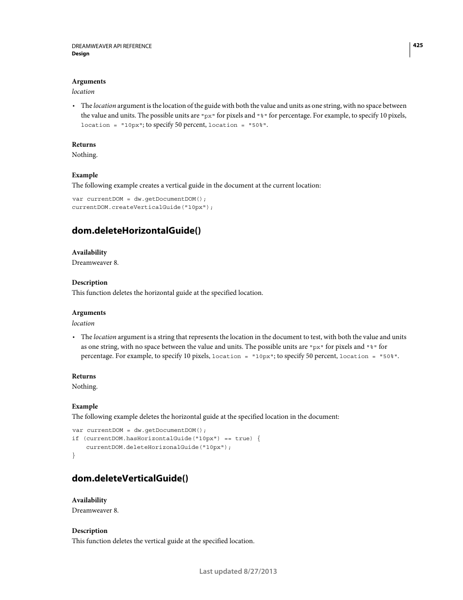 Dom.deletehorizontalguide(), Dom.deleteverticalguide() | Adobe Dreamweaver API Reference CS5 User Manual | Page 430 / 533