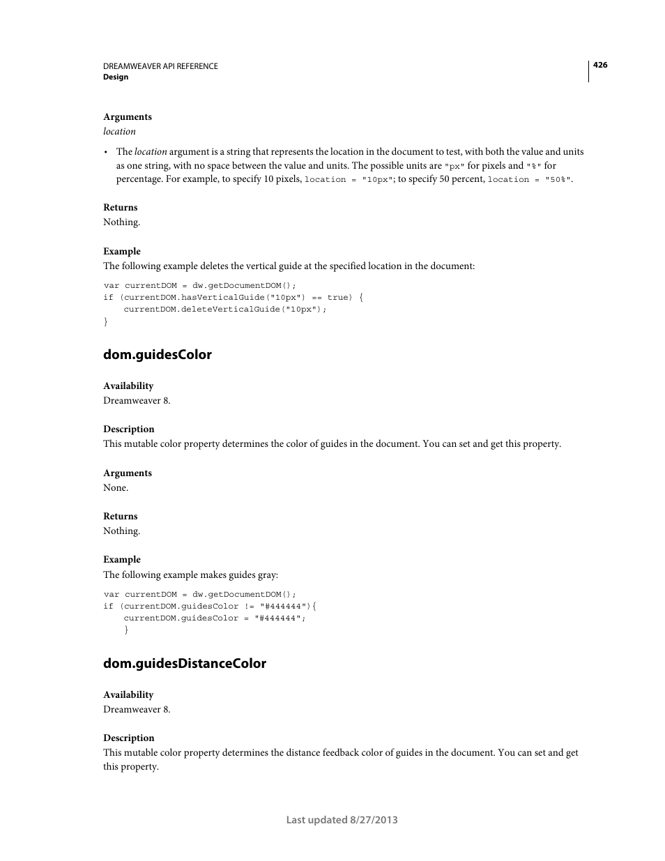 Dom.guidescolor, Dom.guidesdistancecolor | Adobe Dreamweaver API Reference CS5 User Manual | Page 431 / 533