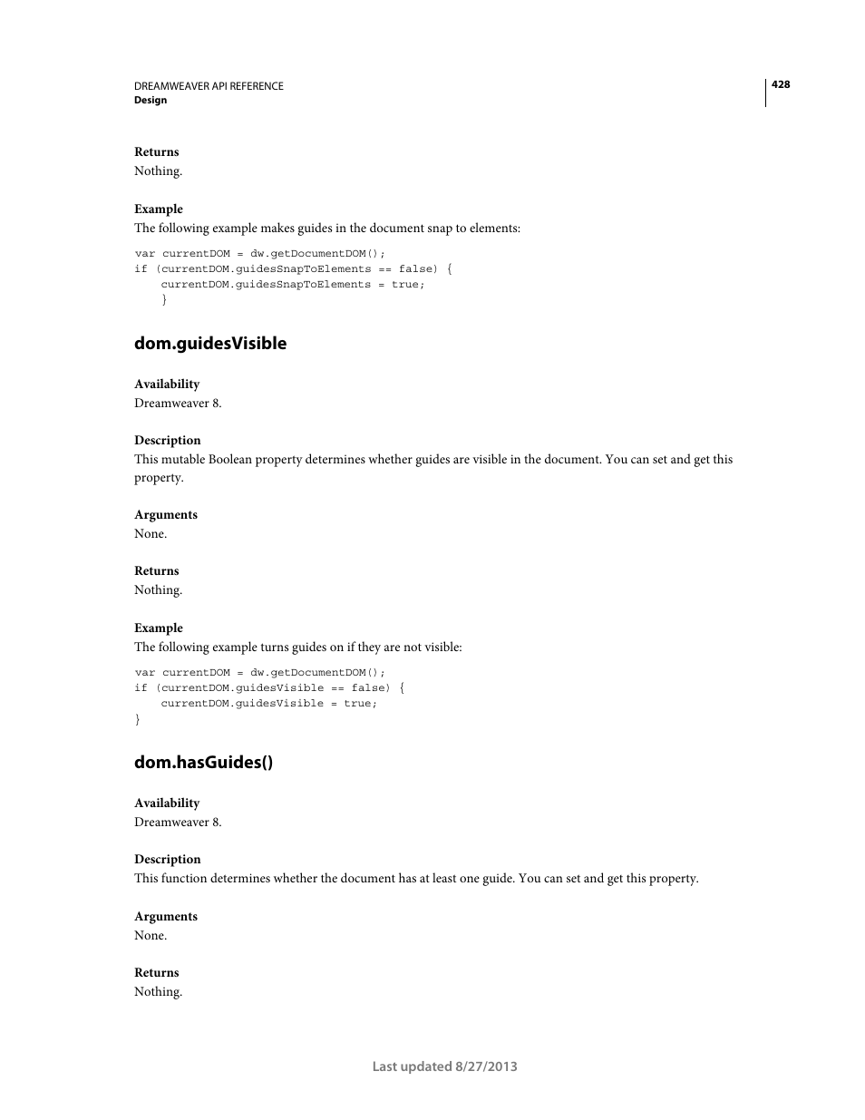 Dom.guidesvisible, Dom.hasguides() | Adobe Dreamweaver API Reference CS5 User Manual | Page 433 / 533