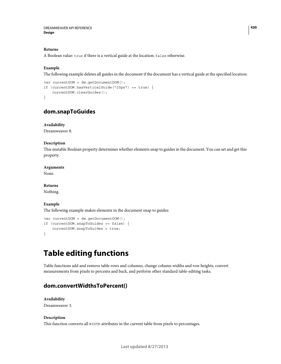 Dom.snaptoguides, Table editing functions, Dom.convertwidthstopercent() | Adobe Dreamweaver API Reference CS5 User Manual | Page 435 / 533