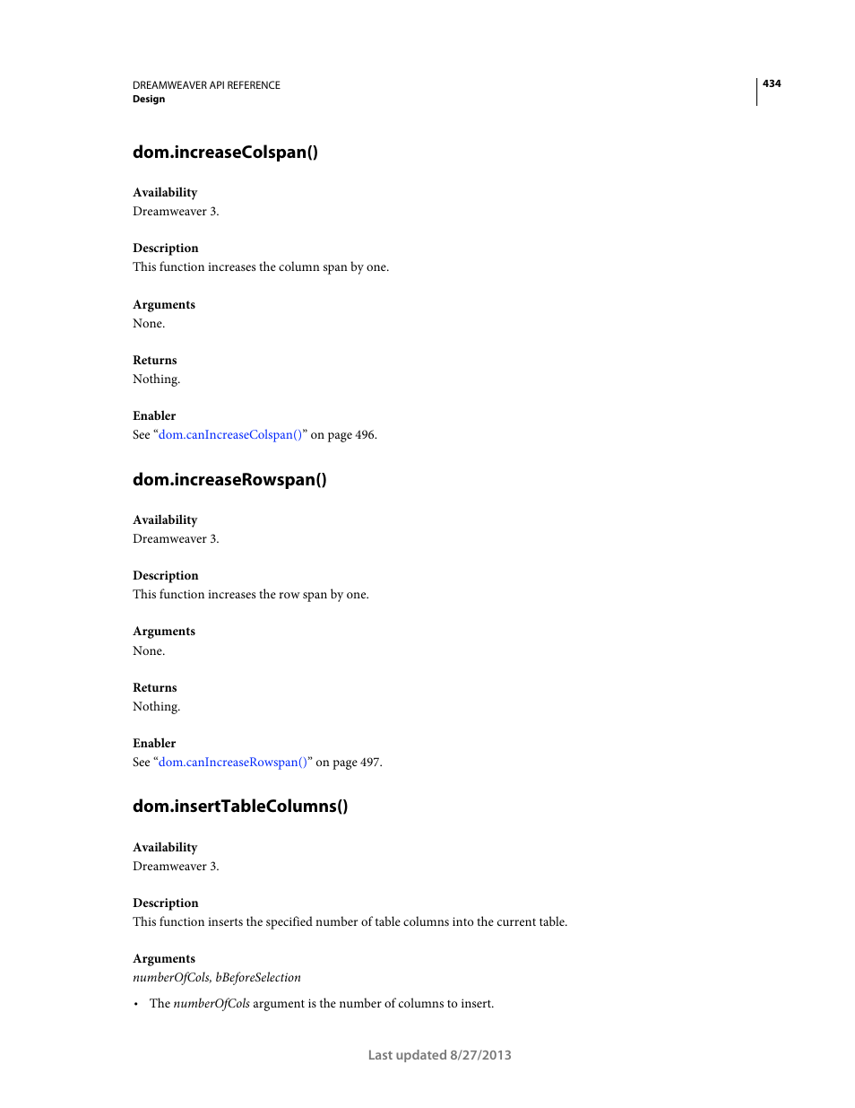 Dom.increasecolspan(), Dom.increaserowspan(), Dom.inserttablecolumns() | Adobe Dreamweaver API Reference CS5 User Manual | Page 439 / 533