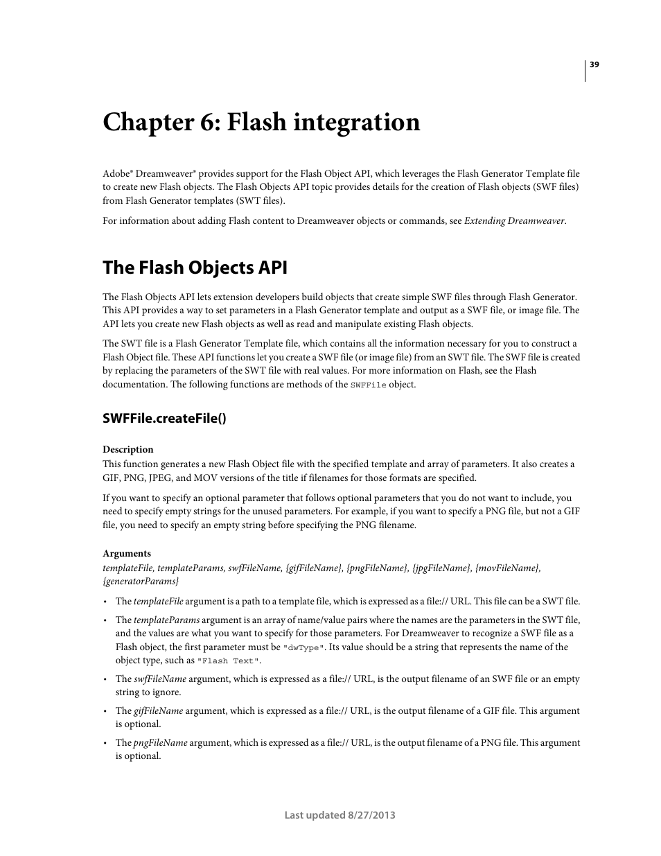 Chapter 6: flash integration, The flash objects api, Swffile.createfile() | Adobe Dreamweaver API Reference CS5 User Manual | Page 44 / 533