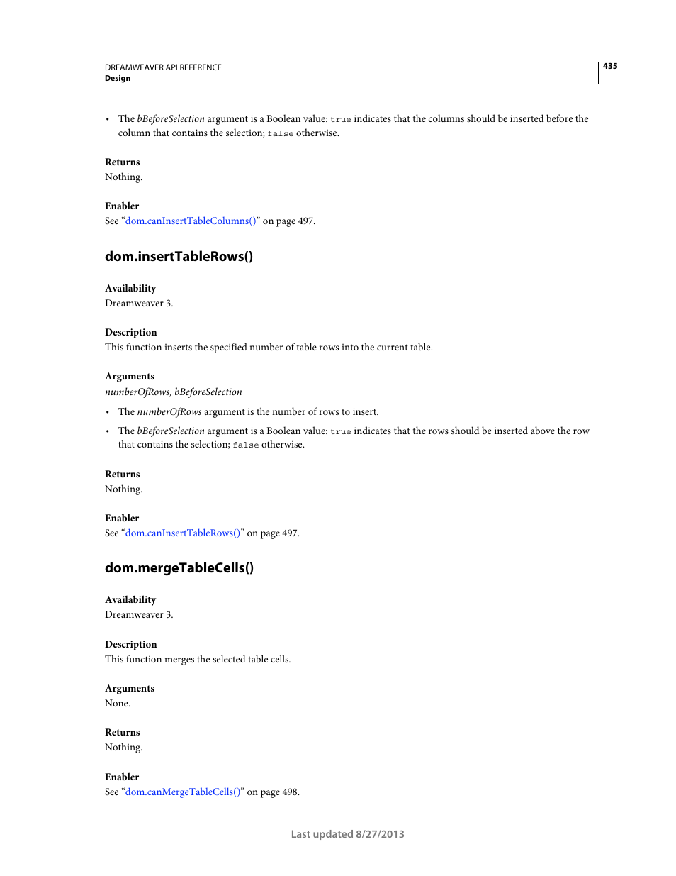 Dom.inserttablerows(), Dom.mergetablecells() | Adobe Dreamweaver API Reference CS5 User Manual | Page 440 / 533