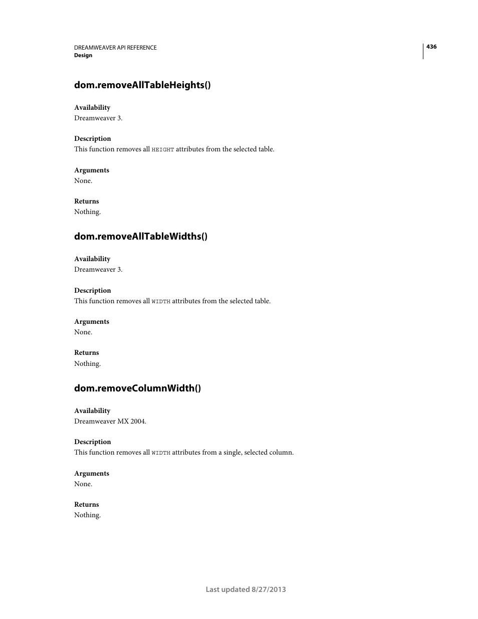 Dom.removealltableheights(), Dom.removealltablewidths(), Dom.removecolumnwidth() | Adobe Dreamweaver API Reference CS5 User Manual | Page 441 / 533