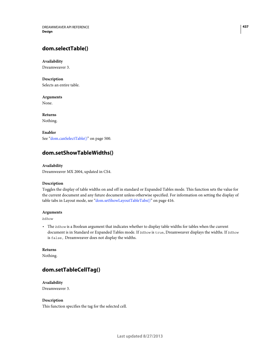 Dom.selecttable(), Dom.setshowtablewidths(), Dom.settablecelltag() | Adobe Dreamweaver API Reference CS5 User Manual | Page 442 / 533