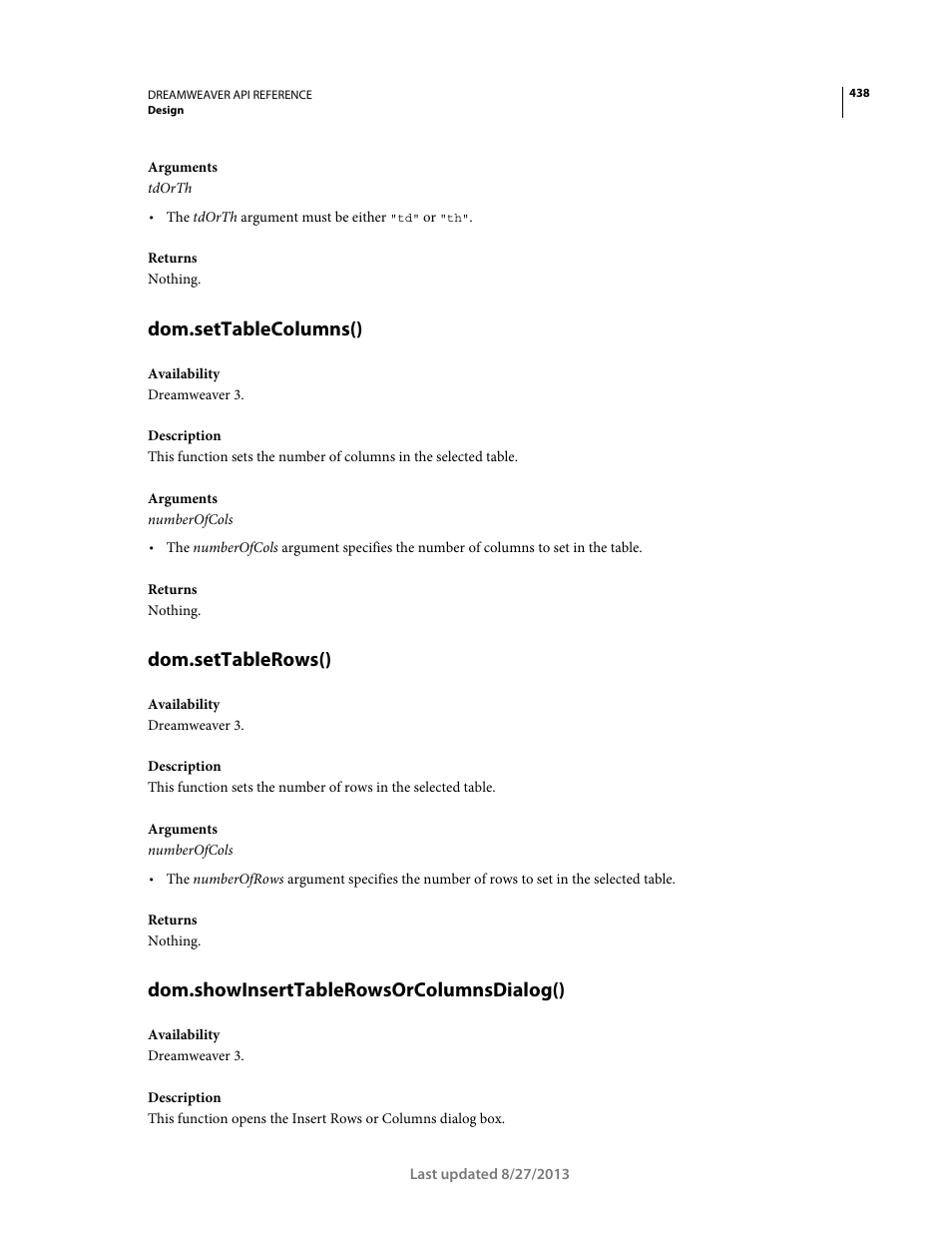 Dom.settablecolumns(), Dom.settablerows(), Dom.showinserttablerowsorcolumnsdialog() | Adobe Dreamweaver API Reference CS5 User Manual | Page 443 / 533