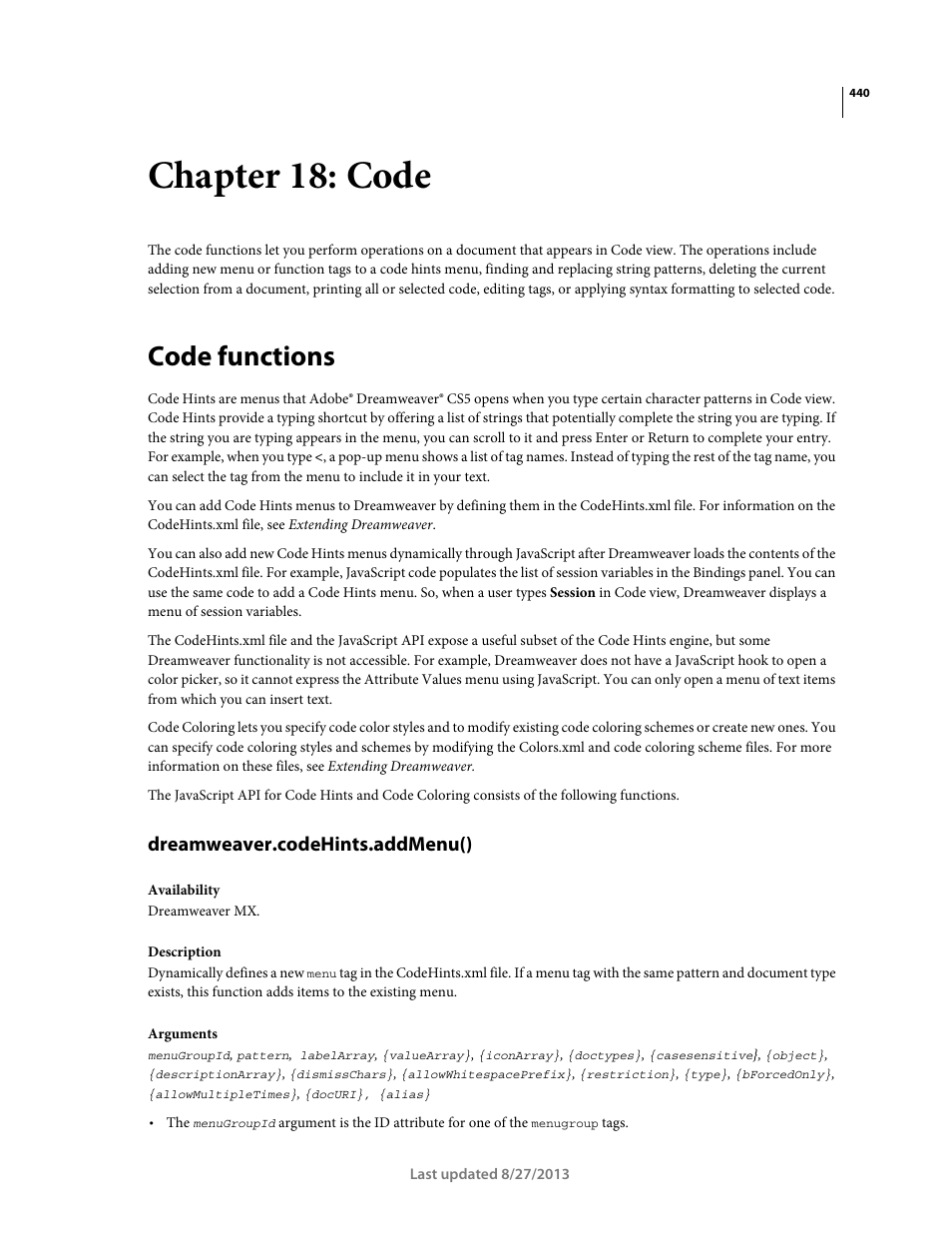 Chapter 18: code, Code functions, Dreamweaver.codehints.addmenu() | Adobe Dreamweaver API Reference CS5 User Manual | Page 445 / 533