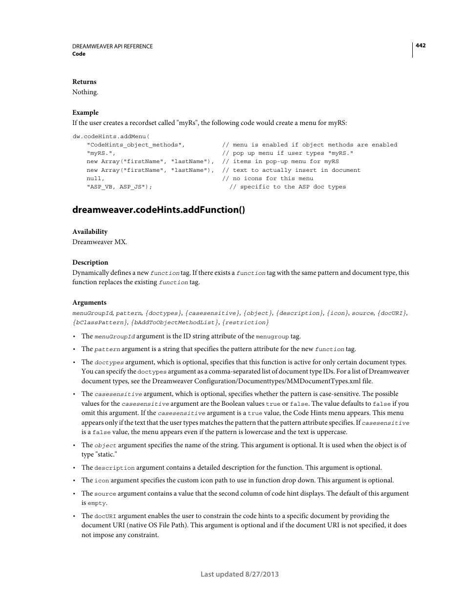 Dreamweaver.codehints.addfunction() | Adobe Dreamweaver API Reference CS5 User Manual | Page 447 / 533