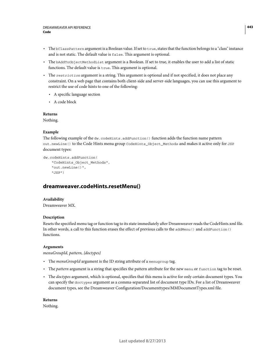 Dreamweaver.codehints.resetmenu() | Adobe Dreamweaver API Reference CS5 User Manual | Page 448 / 533