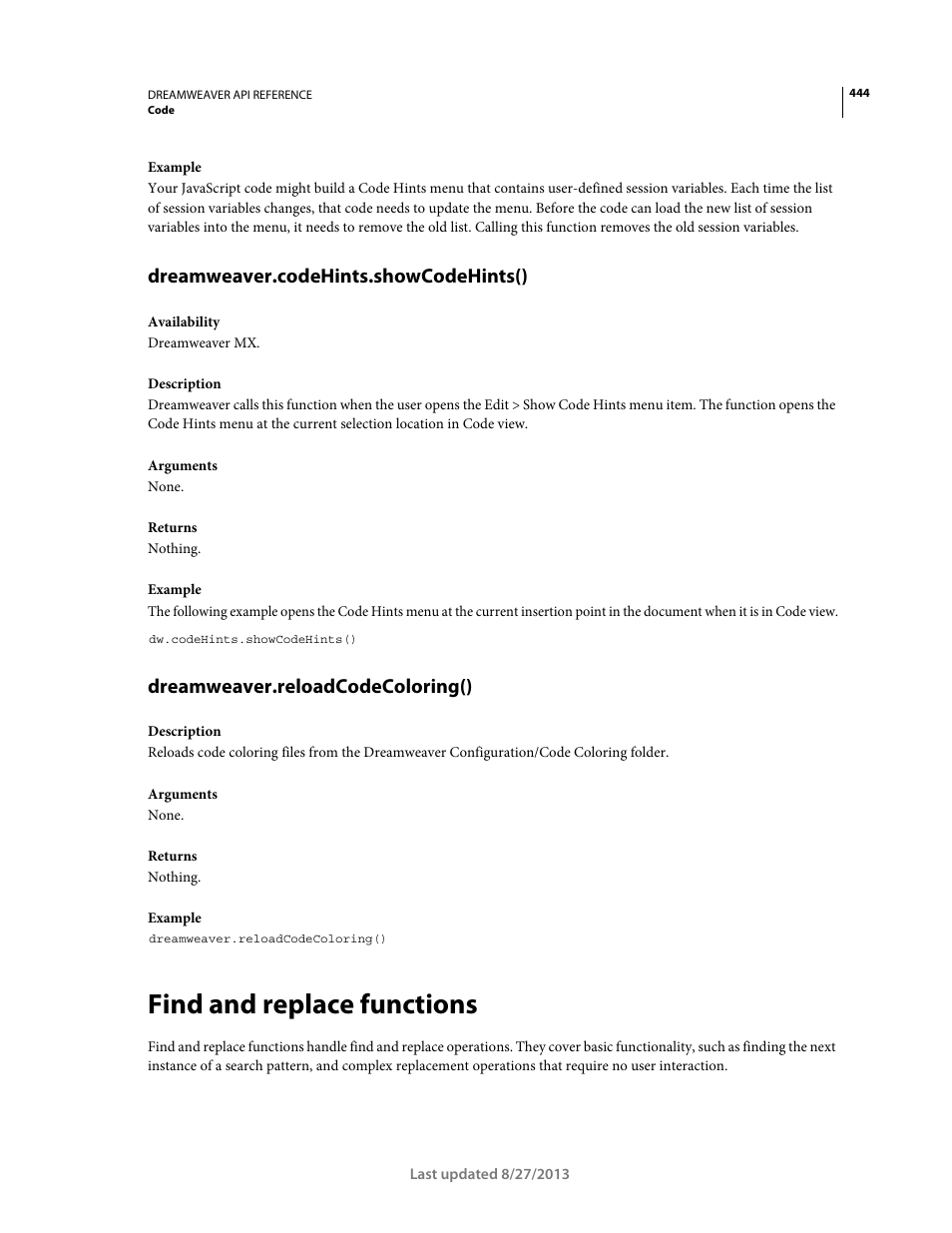 Dreamweaver.codehints.showcodehints(), Dreamweaver.reloadcodecoloring(), Find and replace functions | Adobe Dreamweaver API Reference CS5 User Manual | Page 449 / 533