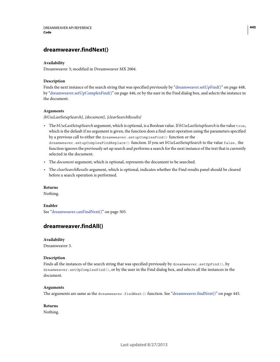 Dreamweaver.findnext(), Dreamweaver.findall() | Adobe Dreamweaver API Reference CS5 User Manual | Page 450 / 533