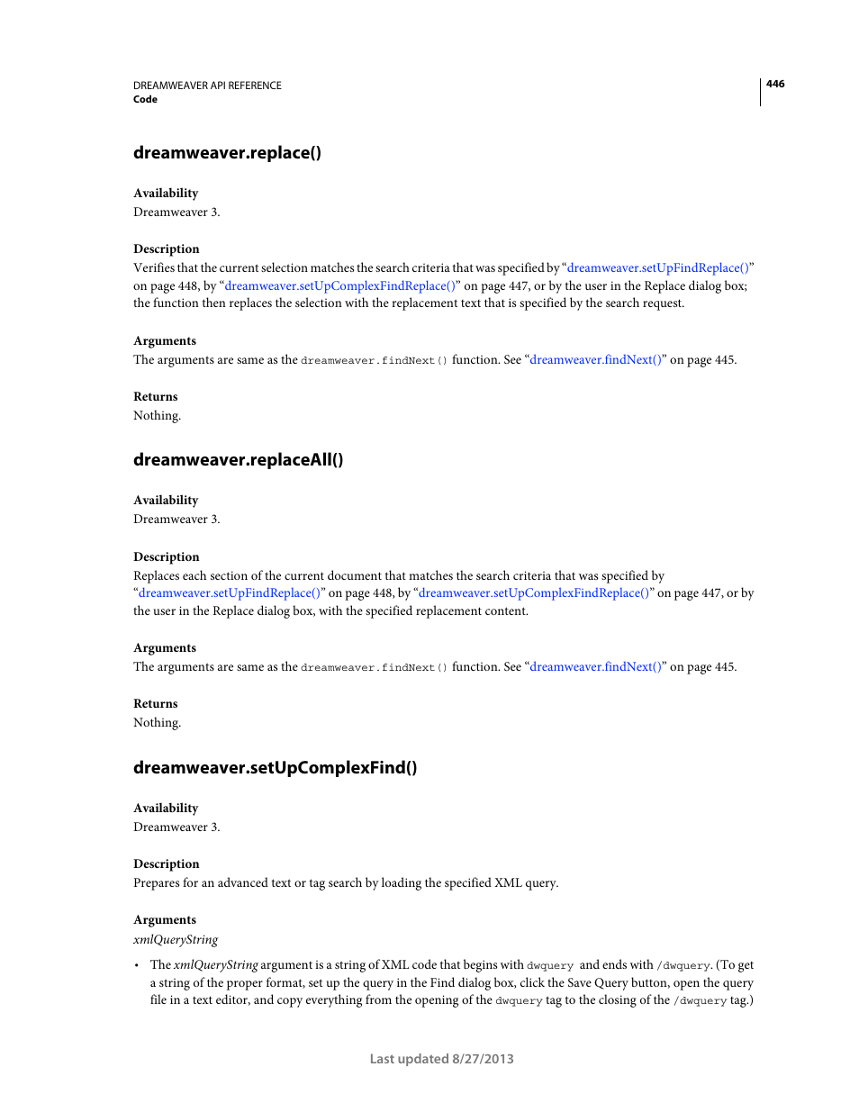 Dreamweaver.replace(), Dreamweaver.replaceall(), Dreamweaver.setupcomplexfind() | Adobe Dreamweaver API Reference CS5 User Manual | Page 451 / 533
