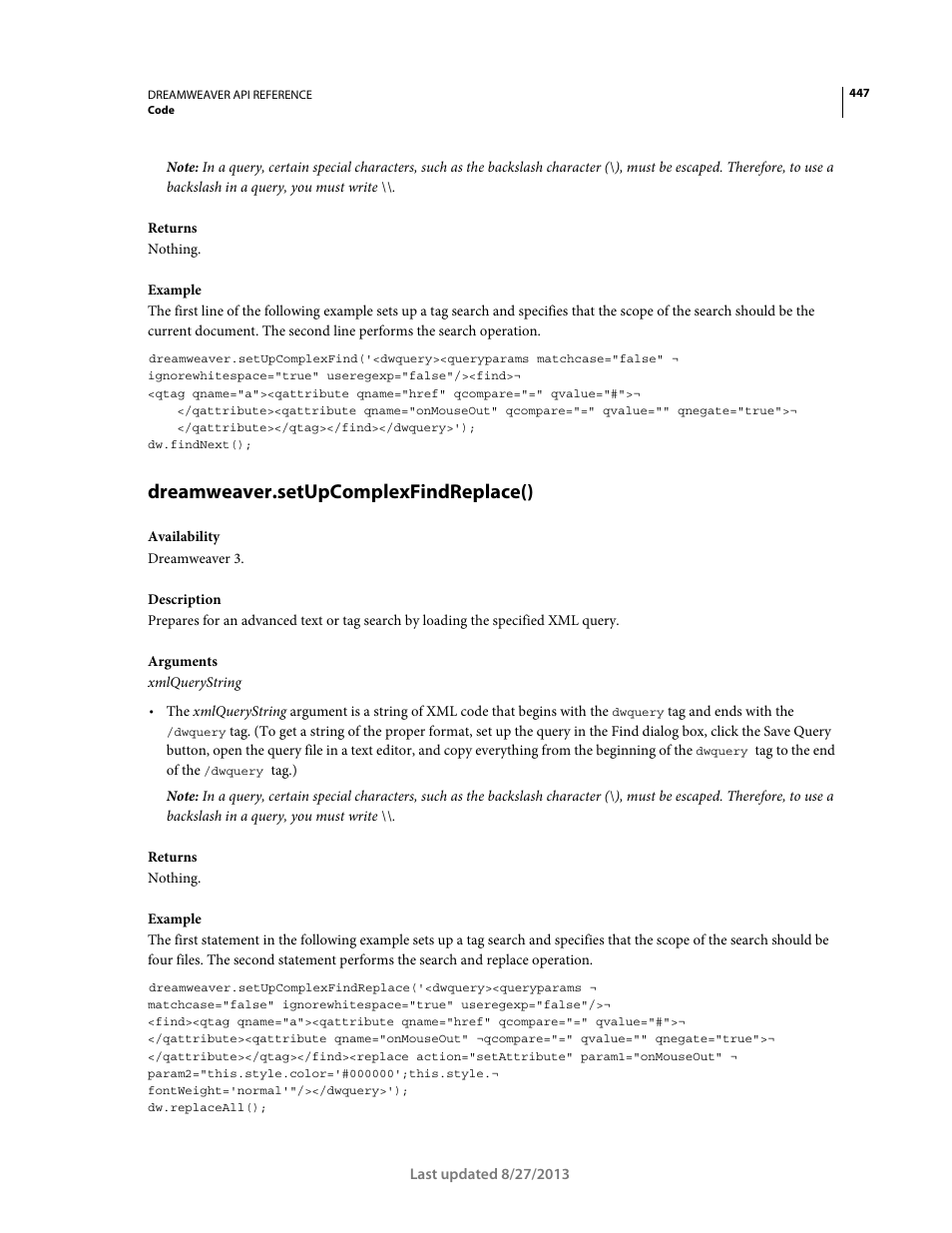 Dreamweaver.setupcomplexfindreplace() | Adobe Dreamweaver API Reference CS5 User Manual | Page 452 / 533