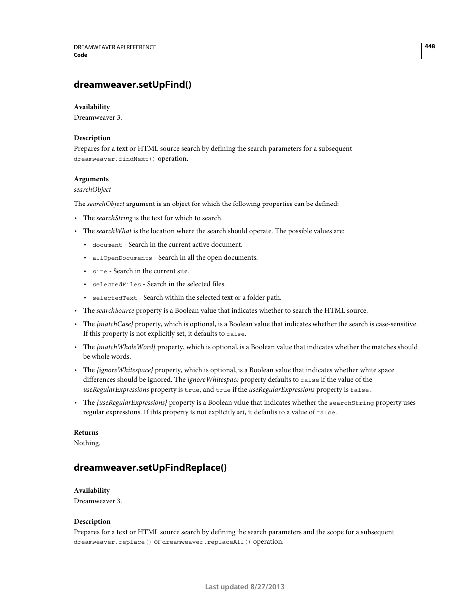Dreamweaver.setupfind(), Dreamweaver.setupfindreplace() | Adobe Dreamweaver API Reference CS5 User Manual | Page 453 / 533