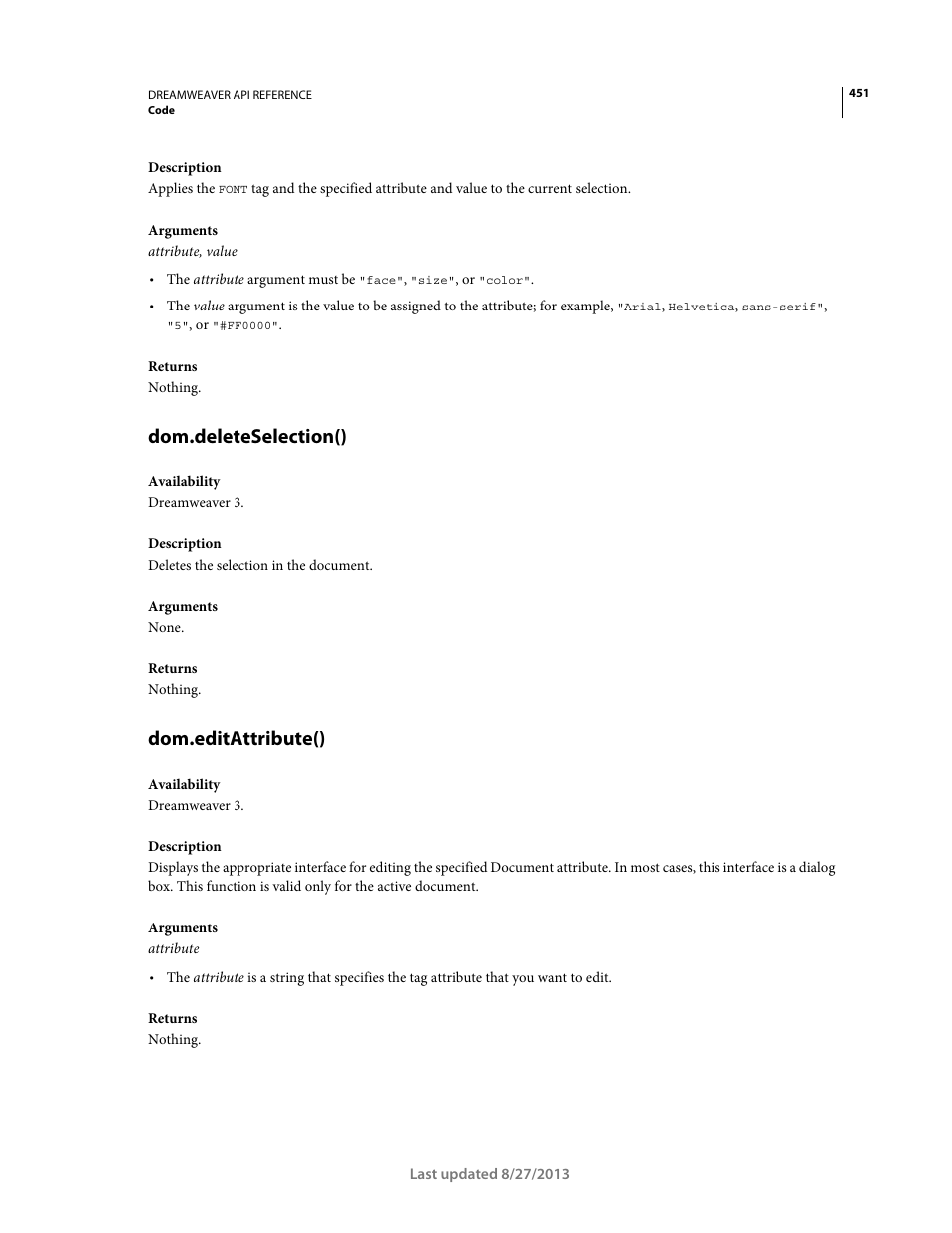 Dom.deleteselection(), Dom.editattribute() | Adobe Dreamweaver API Reference CS5 User Manual | Page 456 / 533