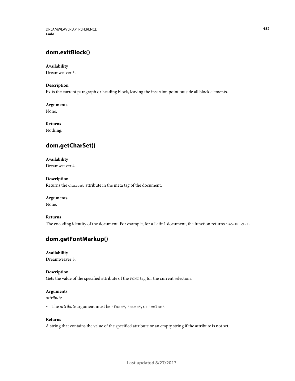 Dom.exitblock(), Dom.getcharset(), Dom.getfontmarkup() | Adobe Dreamweaver API Reference CS5 User Manual | Page 457 / 533