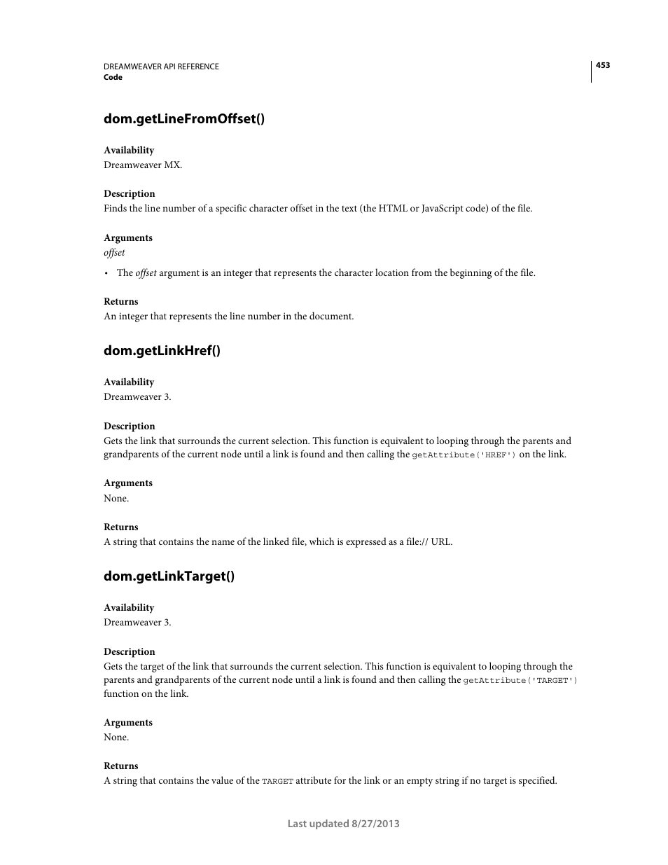 Dom.getlinefromoffset(), Dom.getlinkhref(), Dom.getlinktarget() | Adobe Dreamweaver API Reference CS5 User Manual | Page 458 / 533